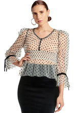 Load image into Gallery viewer, J'lene Top - 3/4" puff sleeve mesh top with flocked polka dots & - Starseed Holistic Healing LLC