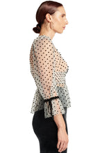 Load image into Gallery viewer, J'lene Top - 3/4" puff sleeve mesh top with flocked polka dots & - Starseed Holistic Healing LLC