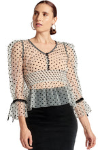 Load image into Gallery viewer, J'lene Top - 3/4" puff sleeve mesh top with flocked polka dots & - Starseed Holistic Healing LLC