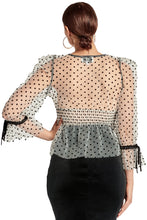 Load image into Gallery viewer, J'lene Top - 3/4" puff sleeve mesh top with flocked polka dots & - Starseed Holistic Healing LLC