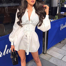 Load image into Gallery viewer, Elegant belt white office shirt dress Women lantern sleeve - Starseed Holistic Healing LLC