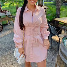 Load image into Gallery viewer, Elegant belt white office shirt dress Women lantern sleeve - Starseed Holistic Healing LLC