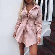 Load image into Gallery viewer, Elegant belt white office shirt dress Women lantern sleeve - Starseed Holistic Healing LLC