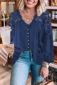 V Neckline Lace Shoulder Patchwork Blouse - Starseed Holistic Healing LLC