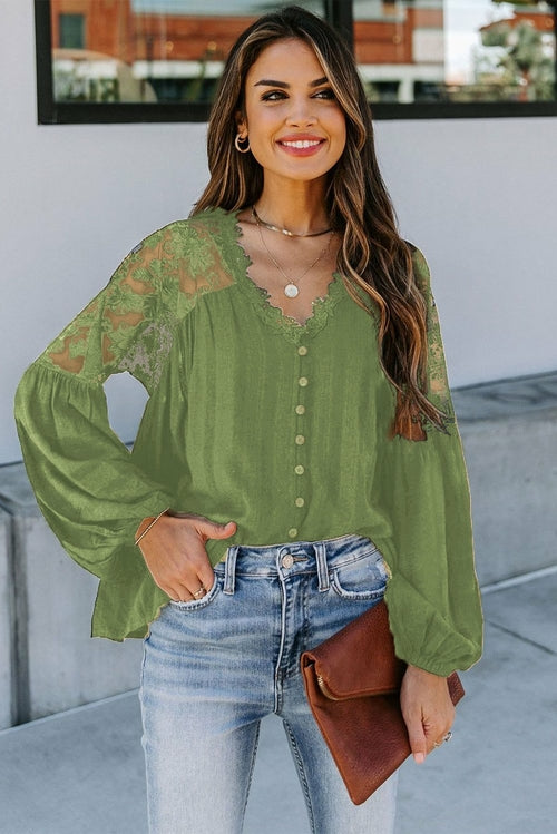 V Neckline Lace Shoulder Patchwork Blouse - Starseed Holistic Healing LLC