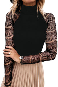 High Neck Lace Crochet Long Sleeve Top