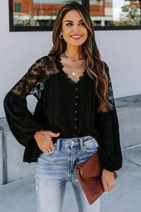V Neckline Lace Shoulder Patchwork Blouse - Starseed Holistic Healing LLC