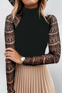 High Neck Lace Crochet Long Sleeve Top