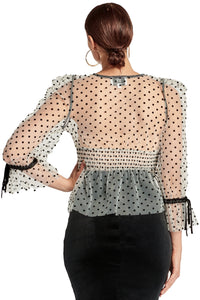 J'lene Top - 3/4" puff sleeve mesh top with flocked polka dots & - Starseed Holistic Healing LLC