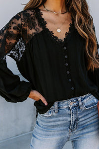 V Neckline Lace Shoulder Patchwork Blouse - Starseed Holistic Healing LLC