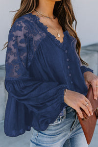 V Neckline Lace Shoulder Patchwork Blouse - Starseed Holistic Healing LLC