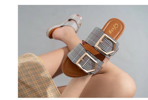 Women's Slippers One Word Big Belt Square Buckle Fashion Shoes - Starseed Holistic Healing LLC