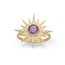 Load image into Gallery viewer, 14 Karat Gold Plated CZ Sunburst with Amethyst Ring - Starseed Holistic Healing LLC
