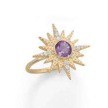 Load image into Gallery viewer, 14 Karat Gold Plated CZ Sunburst with Amethyst Ring - Starseed Holistic Healing LLC
