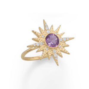 14 Karat Gold Plated CZ Sunburst with Amethyst Ring - Starseed Holistic Healing LLC